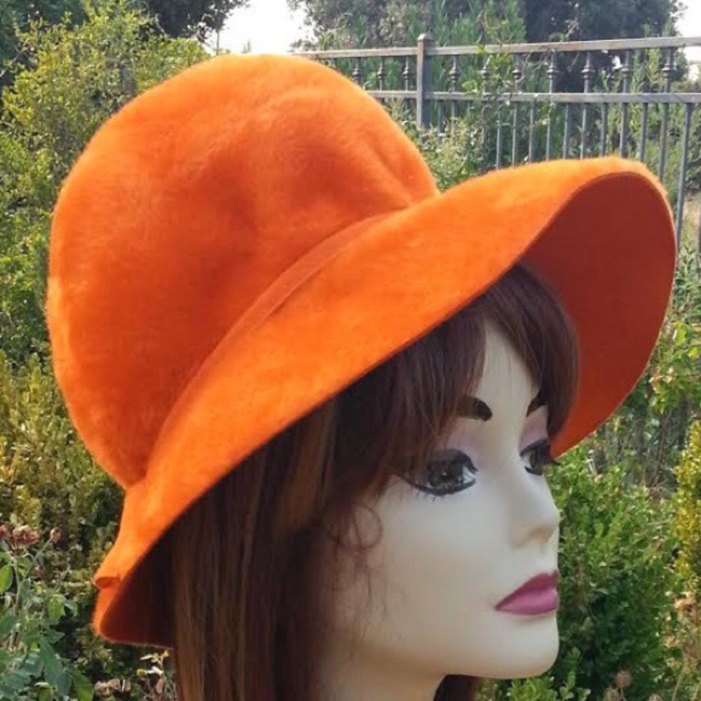 Orange wide brim hat FUZZY vintage 1960s hippie
